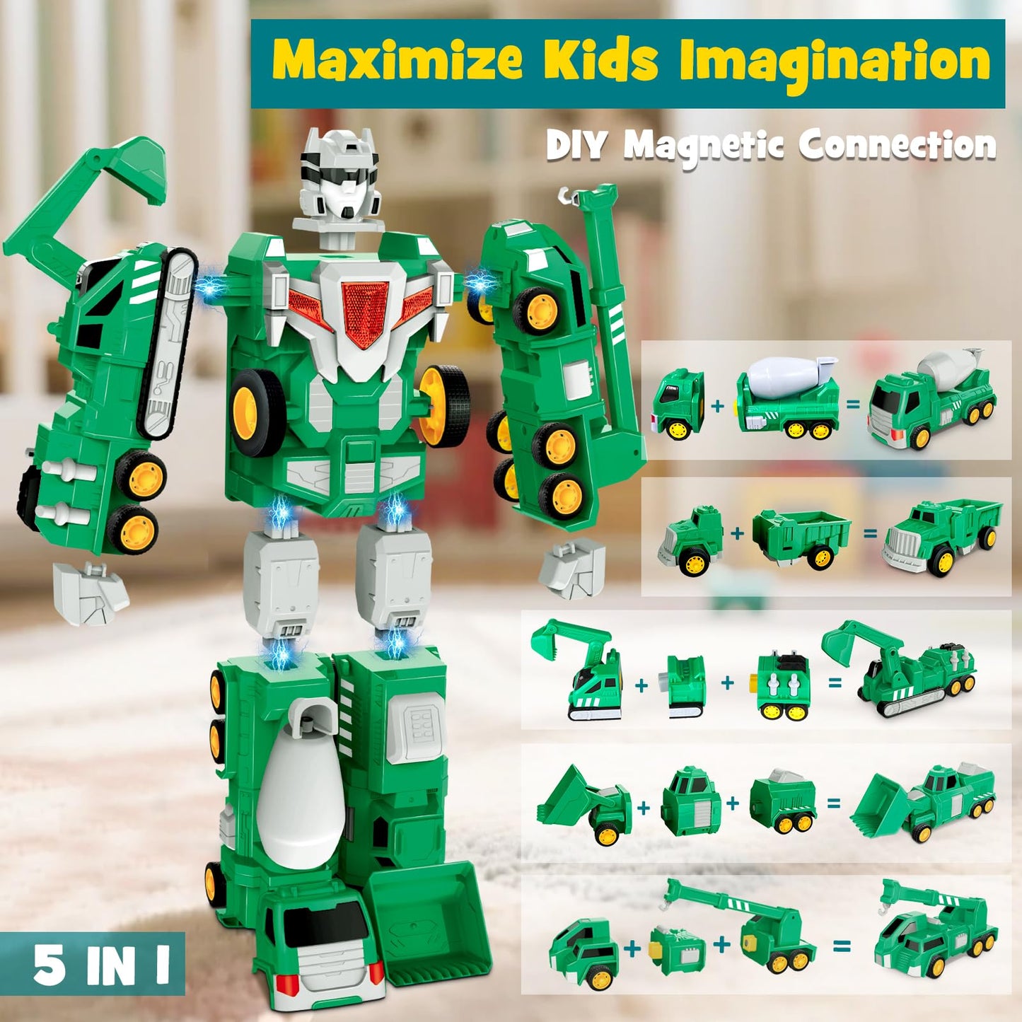 Laradola Toys for 3 4 5 6 Year Old Boys - Transform Robot Kids Toys Cars | STEM Building Toddler Toys for Ages 3+ | 5 in 1 Construction Christmas Birthday Gifts for Boys Girls