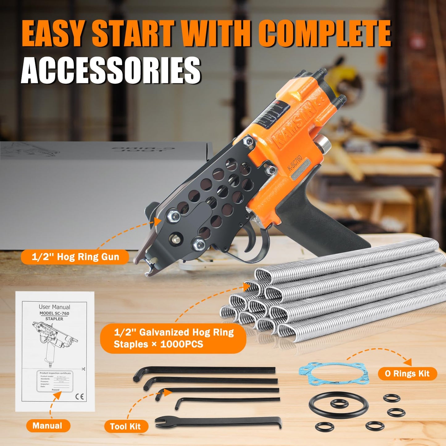 KAMSIN K-SC760 16 Gauge Pneumatic Hog Ring Gun with 1000PCS Hog Ring Staples, 1/2-Inch Crown, 3.0-4.8mm Closure Diameter Hog Ring Pliers C Ring Gun for Mattress, Fencing, Wire Cages