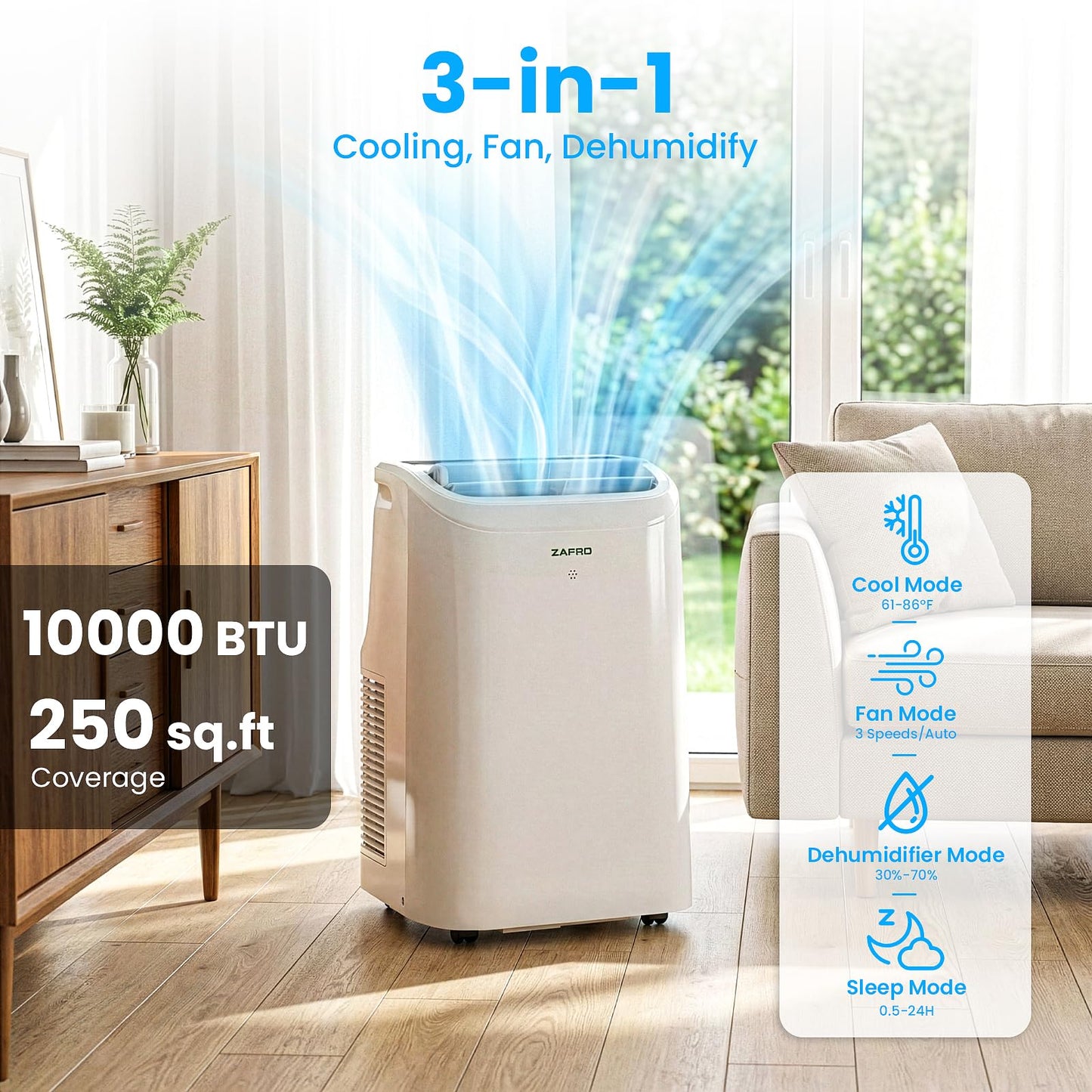 ZAFRO Portable Air Conditioners, 10000 BTU (6000 BTU SACC), Portable AC with Drainage-free Cooling, Fan & Dehumidifier, Smart AC Unit with APP/Remote, 47dB Quiet, 24H Timer for Living Room, Bedroom