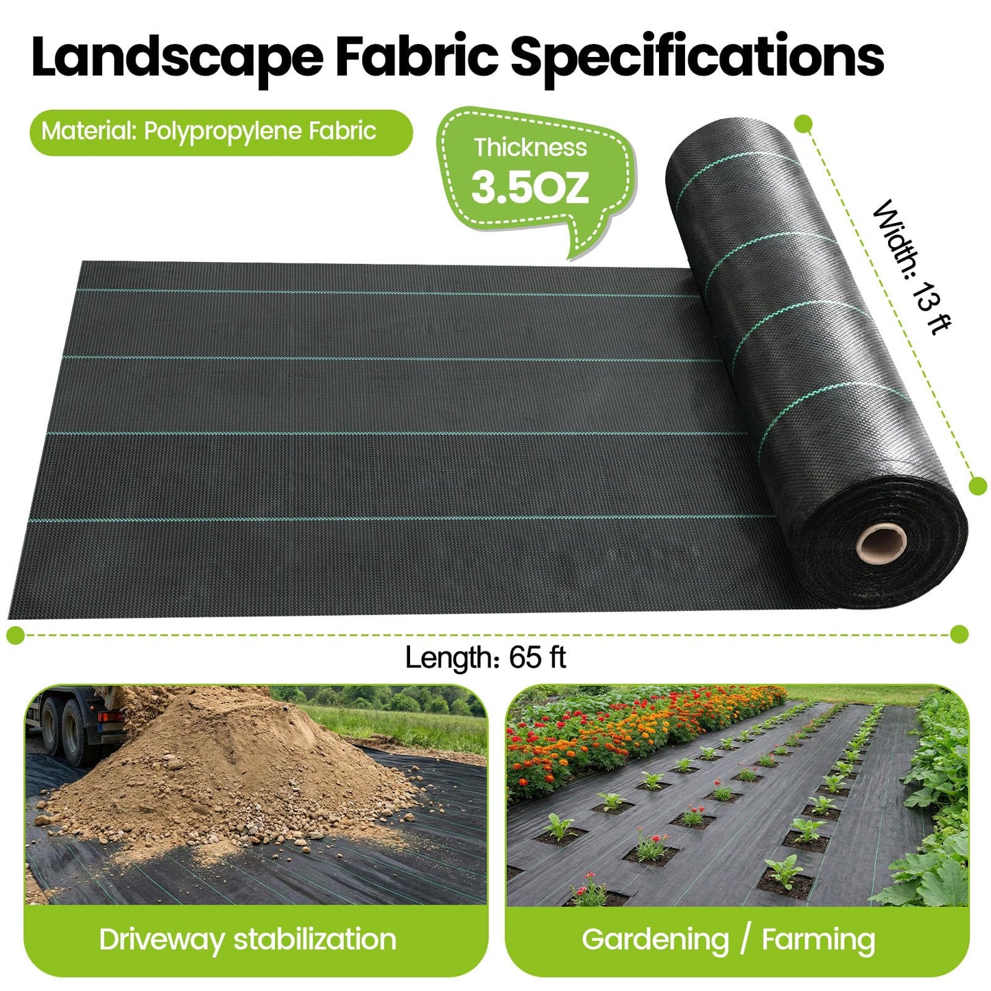 13x65ft Driveway Fabric, 3.5OZ Commercial Weed Barrier Fabric Heavy Duty Landscape Fabric, Weed Fabric, Weed Blocker Fabric for Garden Weed Barrier, Road Fabric Construction Project, Erosion Control
