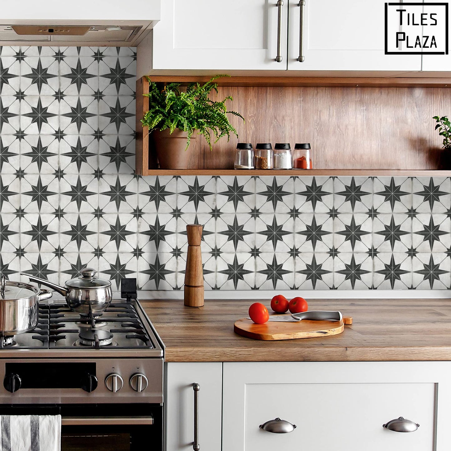 The Tiles Plaza Encaustic Peel and Stick Backsplash, Black Star Patterned Vintage Stick on Tiles, Stone Composite Self-Adhesive Wall Tile Sticker for Kitchen Bathroom Fireplace Stairs, 10 Sheets