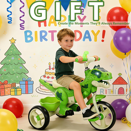 NMM Dinosaur Tricycle for Toddlers, Kids Trike with Music, LED, Tricycles for 3-5 Year Olds, for Rider, Big Wheel, Storage Basket, Horn, Toddler Bike for Boy, Dinosaur Toys for Kids 2-4 4-7