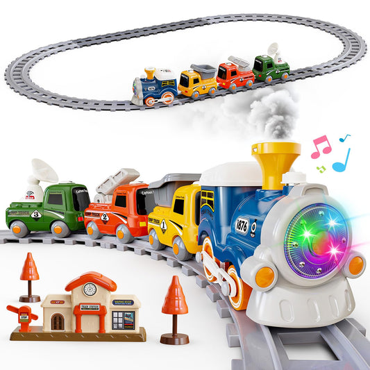 Hot Bee Train Set for Toddlers with Steam - Light Up & Sound Choo Choo Train, Electric Train Set for Toddlers 2-4, Magnetic Connection Train Toys, Birthday Gifts for Boys Girls 3 4 5 6