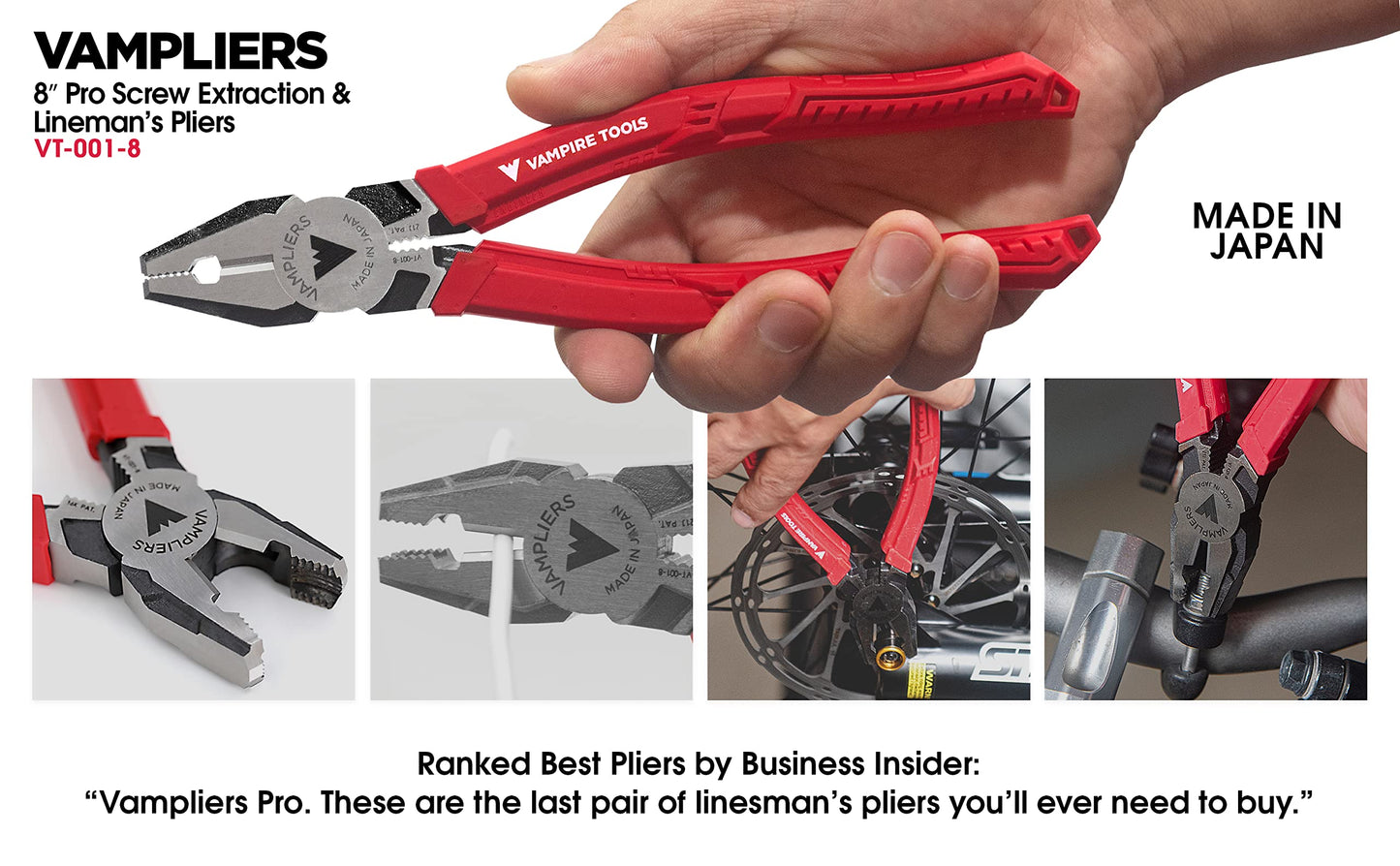 VAMPLIERS 4-PC Screw Extractor Pliers Set Made in Japan: 8" Linesman, 7.5" Long Nose, 6.25" Combination, 5" ESD Safe Mini Plier + Tool Pouch. Remove any Stripped/Damaged/Rusted Screws.