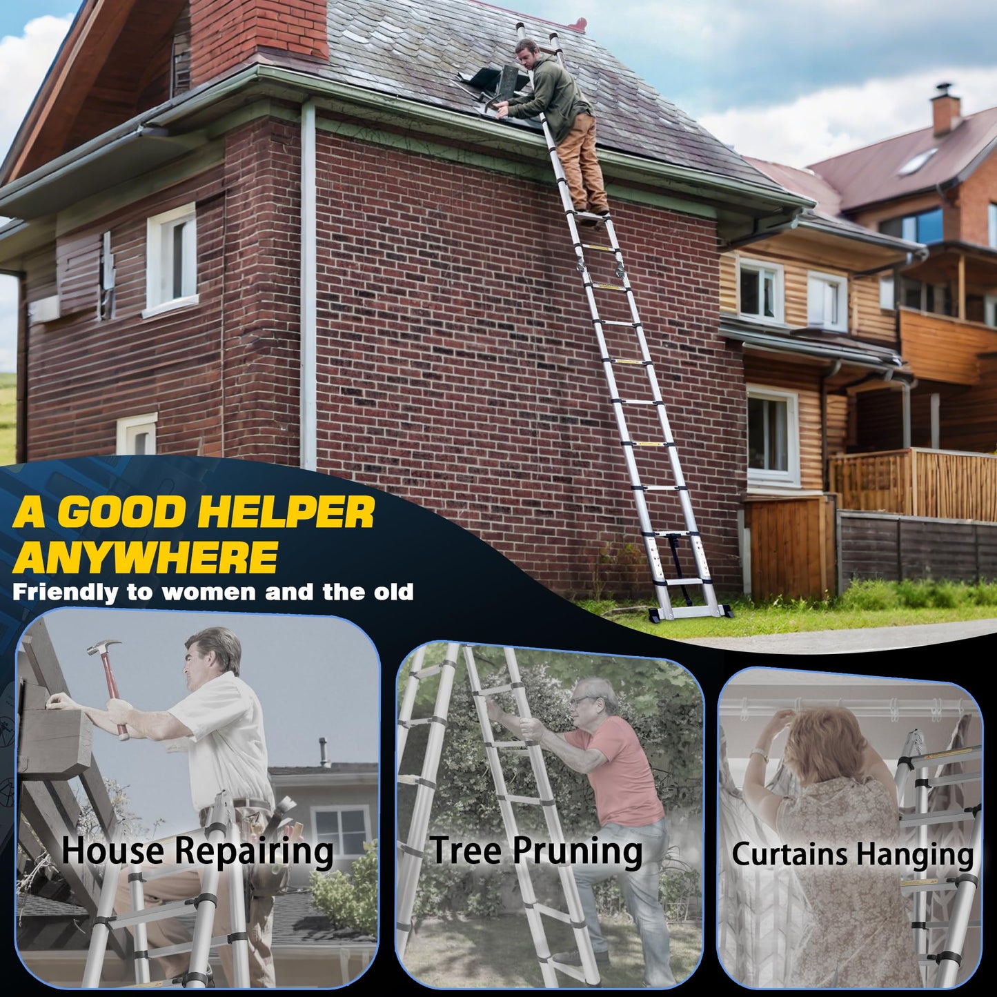 16.5 FT A-Frame Telescoping Ladder,8+8 Step Ladder,330LBs Load Capacity,Portable Extension Ladder Multi-Purpose Collapsible for Stairs Home Indoor Outdoor Roof (Silver, 5M(2.5m+2.5m)/16.5FT A Frame)