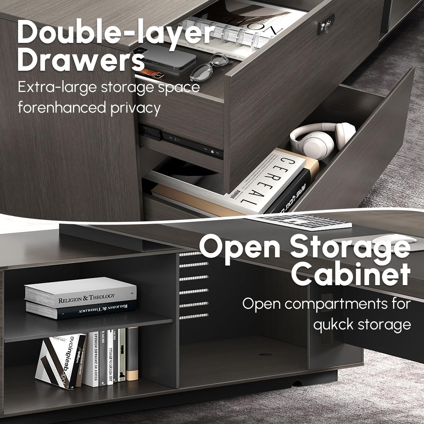 ZIMASYA 87" Reversible L-Shaped Executive Desk with Drawers, Storage Cabinet, Built-in Power Hub & Privacy Panel, Obsidian Grey & Mocha Walnut