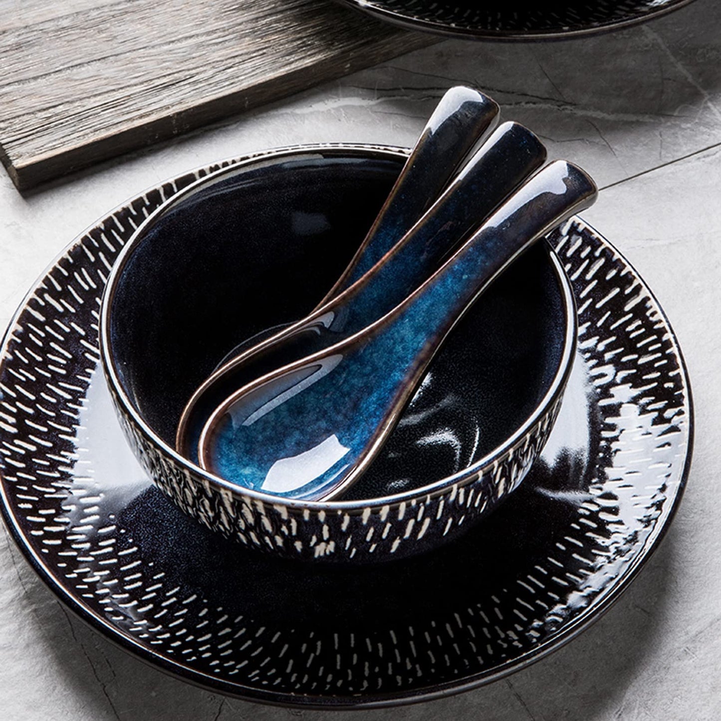 Japanese Ramen Soup Spoons Asian Blue Ceramic Soup Spoon for Pho Dessert Noodle 5 Pcs
