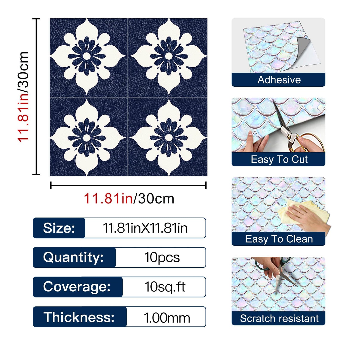 IVN 10PCS 12x12 Inch Navy Floral Pattern Peel and Stick Floor Tiles Removable Self Adhesive Vinyl Flooring Stickers for Bathroom Kitchen Balcony Decor