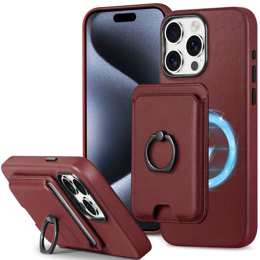 SHIELDON Genuine Leather Case for iPhone 15 Pro Max + Removable Magnetic Card Holder, Magnetic Wireless Charging Non-Slip Stand RFID Blocking Shockproof Compatible with iPhone 15 Pro Max - Wine Red