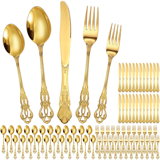 Dandat 120 Pcs Gold Stainless Steel Flatware Set, Retro Vintage Silverware with Forks Spoons Knives Mirror Polished Cutlery Set for Valentine's Day Wedding Kitchen Home Restaurant