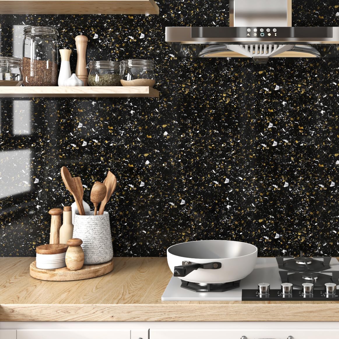 Livelynine Black and Gold Granite Contact Paper for Countertops Waterproof Counter Top Covers Renter Friendly Countertop Peel and Stick Wallpaper Kitchen Vinyl Wrap Bathroom Sink Table Desk 15.8x78.8
