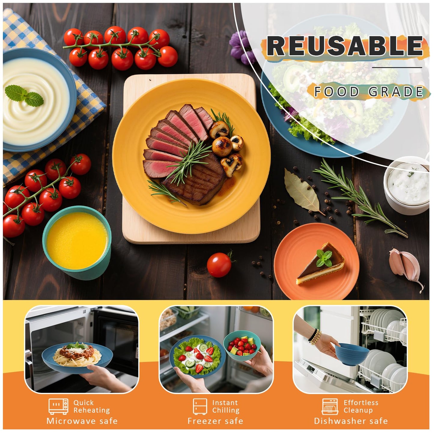Perlapoc Wheat Straw Dinnerware Sets, Plates and Bowls Sets Unbreakable & Microwave Safe - 32 Piece Service for 8 Dinner Plate Dessert Plate Cereal Bowl Cup for Kitchen & Outdoor - Multi
