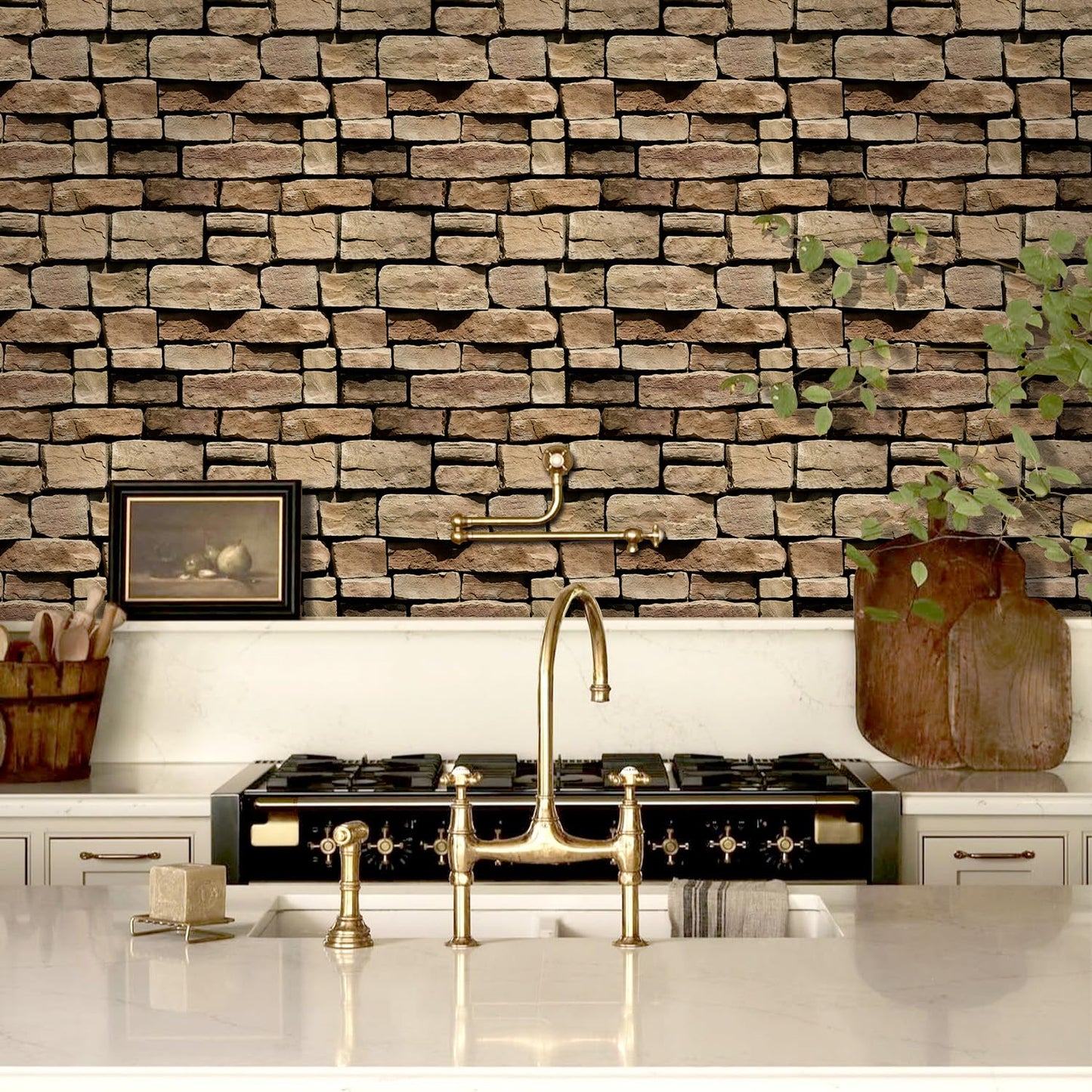 Commomy 3D Faux Stone Wall Panel Peel and Stick Wall Tiles - Fake Stone Wall Sticker 10 Pcs of 11.8" x 11.8" Thin Ultralight PVC Rock Wall Covering Kitchen Backsplash,Living Room,Interior Wall Decor