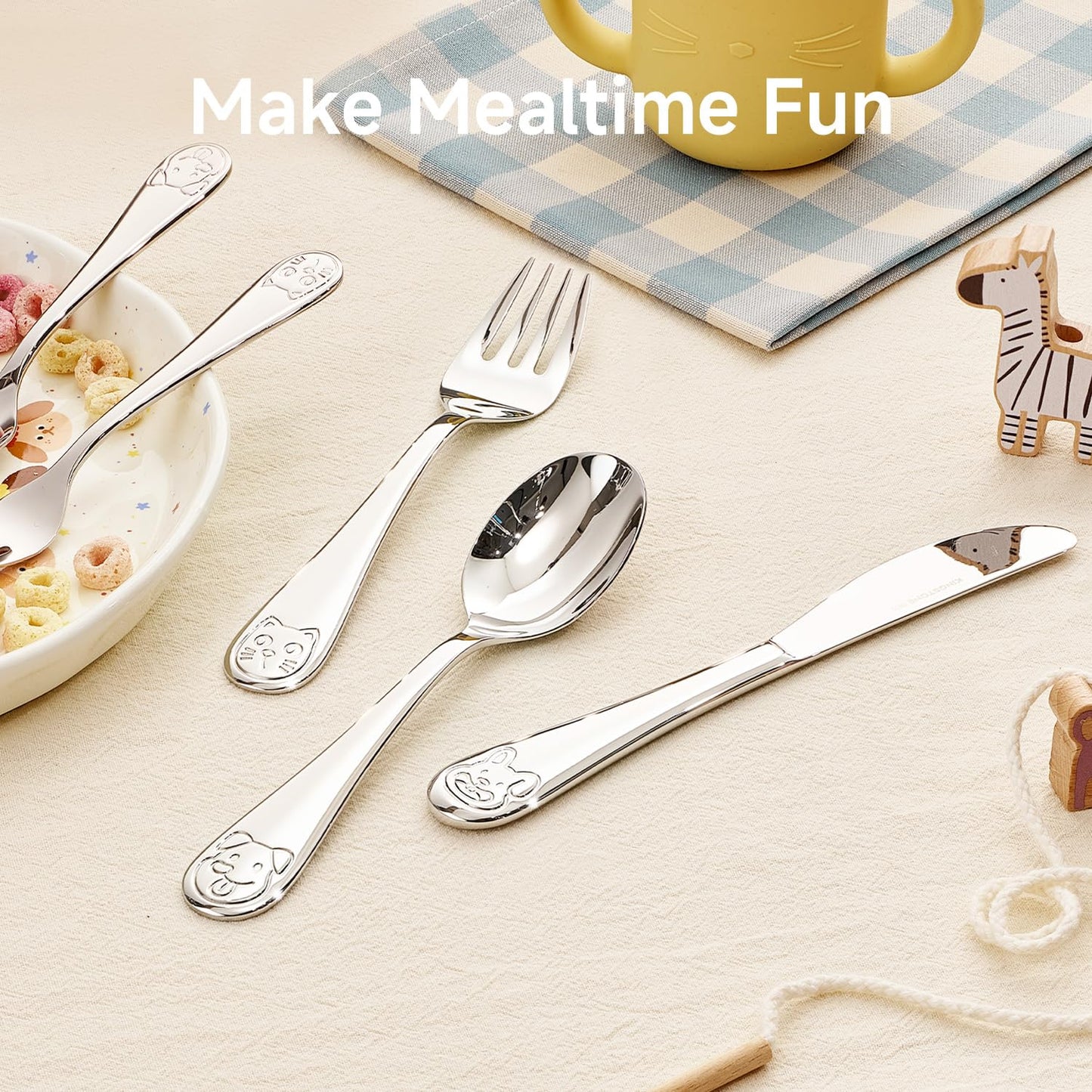 KINGSTONE Toddler Utensils Gift Set, 3-Piece Fork, Spoon & Knife, Large Size, 18/10 Stainless Steel, Cat & Dog Print, Ergonomic Kids Flatware for Self-Feeding, Ideal Birthday or Children Shower Gift