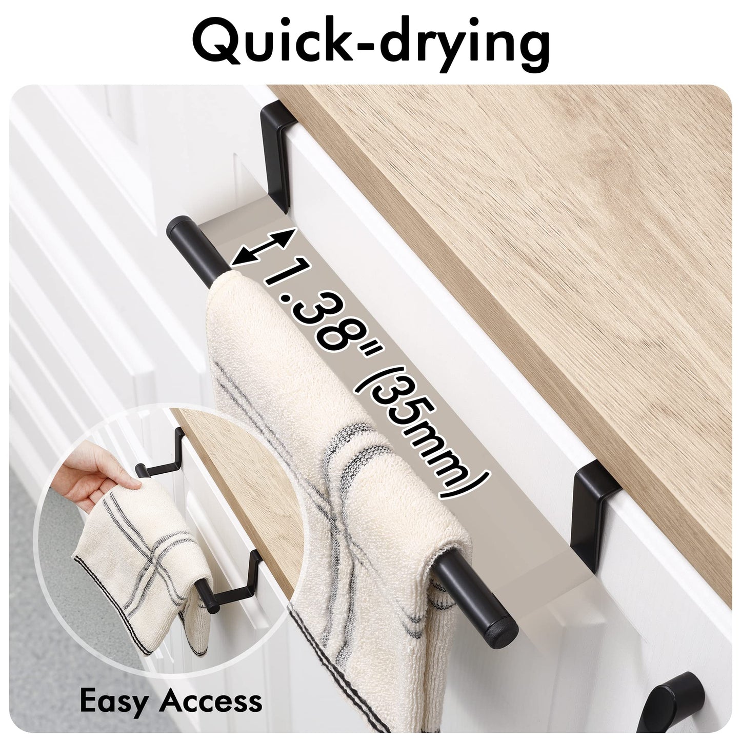 KES Over The Cabinet Door Towel Bar with Hooks, Kitchen Towel Holder with Hooks for Hanging Utensils, Over The Cabinet Door Organizer with Hook 2 Pack, Matte Black, Metal, KUR527-BK-P2