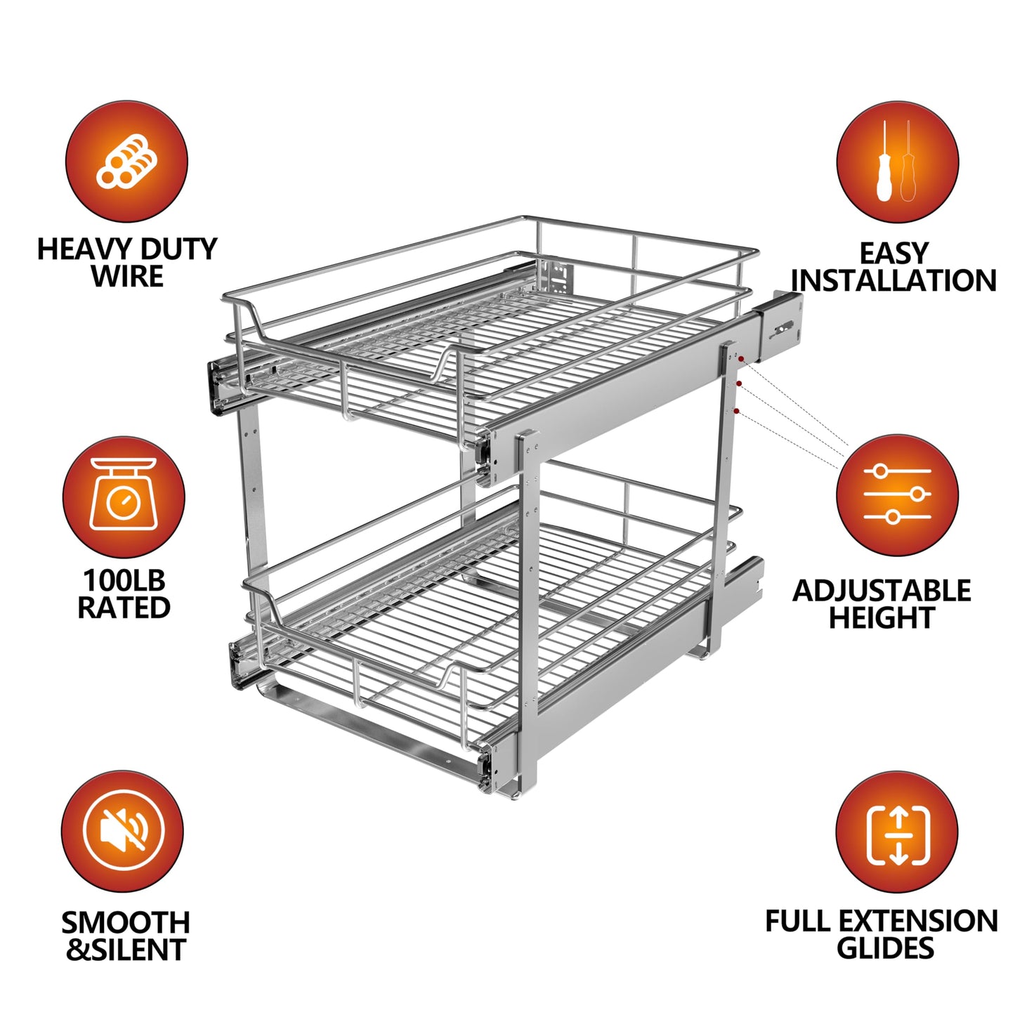 JOWBOOW 2-Tier Cabinet Pull Out Shelves (14" W x 22" D), Slide Out Shelves for Kitchen Cabinets, Metal Under Cabinet Roll Out Shelf