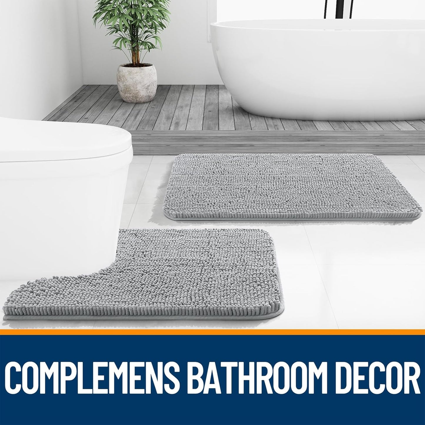 OLANLY Large Bath Rugs - Extra Soft Chenille with Quick-Dry Rubber Backing | 59x35, Light Grey