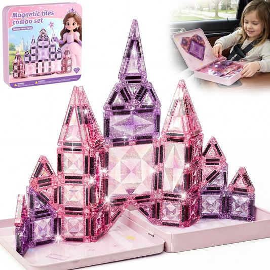 STEM MATCH Magnetic Tiles Girls Travel Toy: 42 PCS Pink Glitter Building Blocks Castle Tin Box - 120 Mins Quiet Play 60s Cleanup - Toddler Kids Gift Age 3 4 5 6