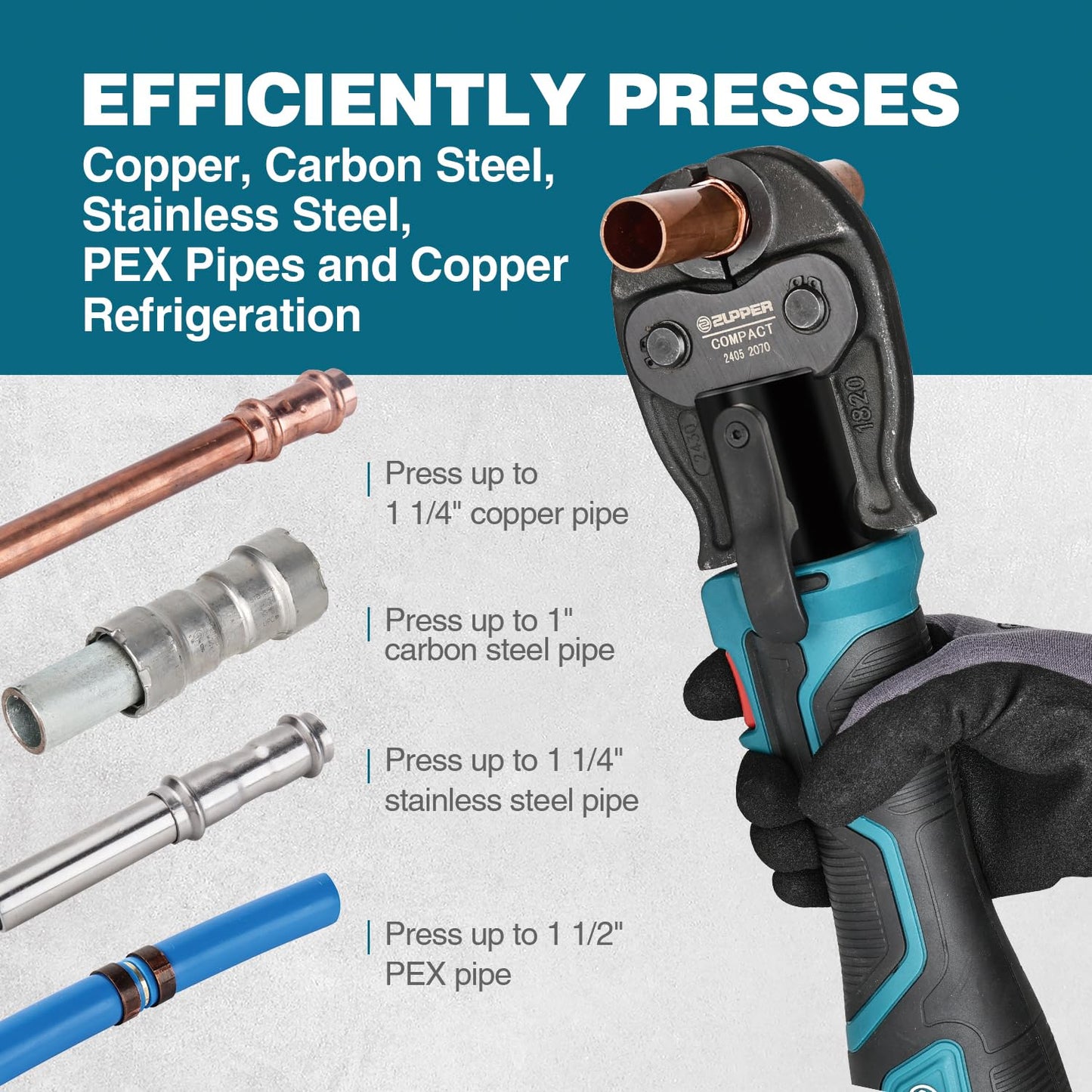 ZUPPER Press Tool, 18V Electric Pipe Crimping Tool for 1/2" to 1-1/4" Copper Pipes, Compact Press Tool Kit Suitable for Copper ProPress fittings - with Brushless Motor, 4 VUS Press Jaws, 2pcs Battery