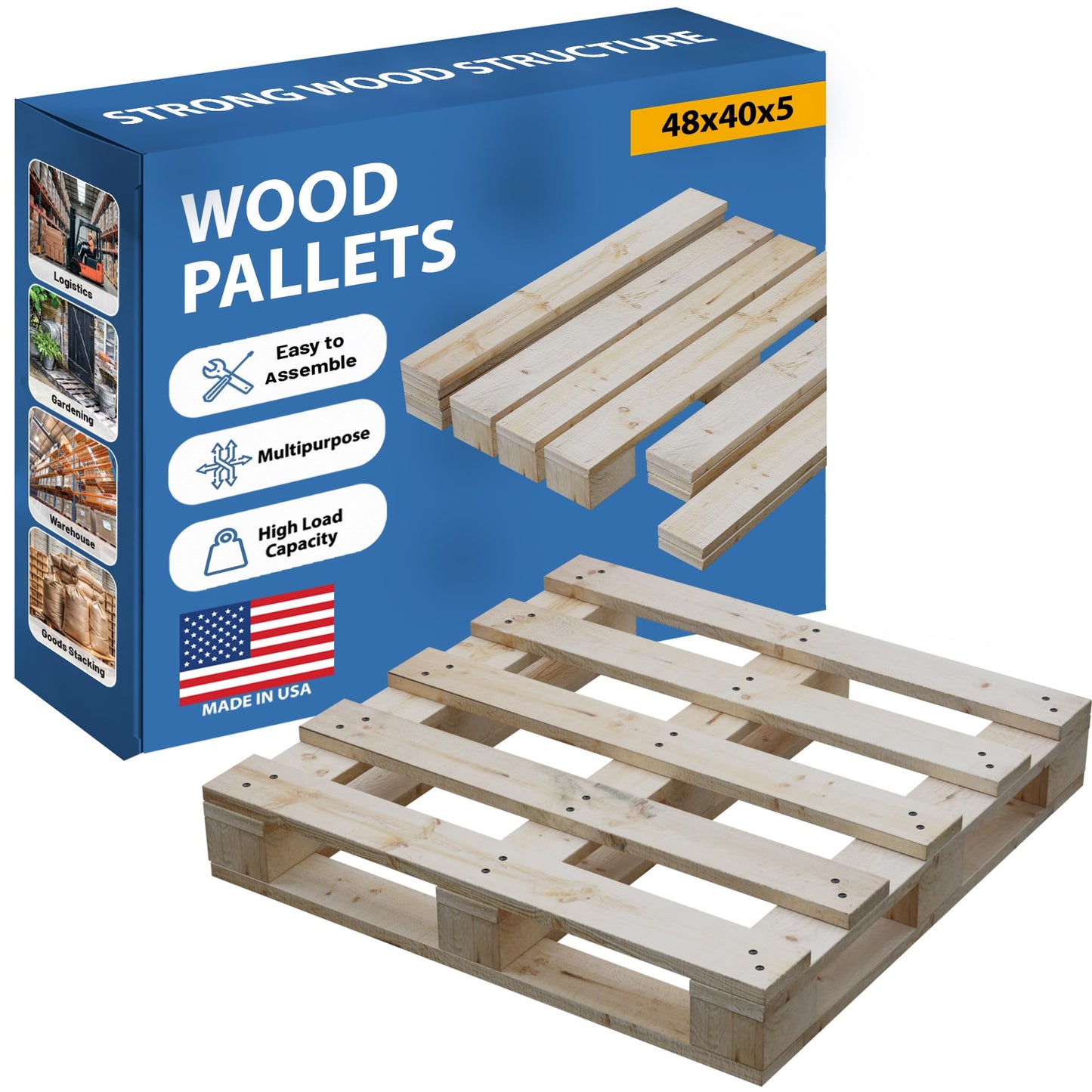 Greaton, 48x40x5 Wooden Pallet Kit, Heavy-Duty Industrial Grade Pinewood, Unassembled Flat-Pack, Stackable & Reusable, Lightweight Floor Pallet, Warehouse, Supermarket & Indoor Storage, 5-Pack
