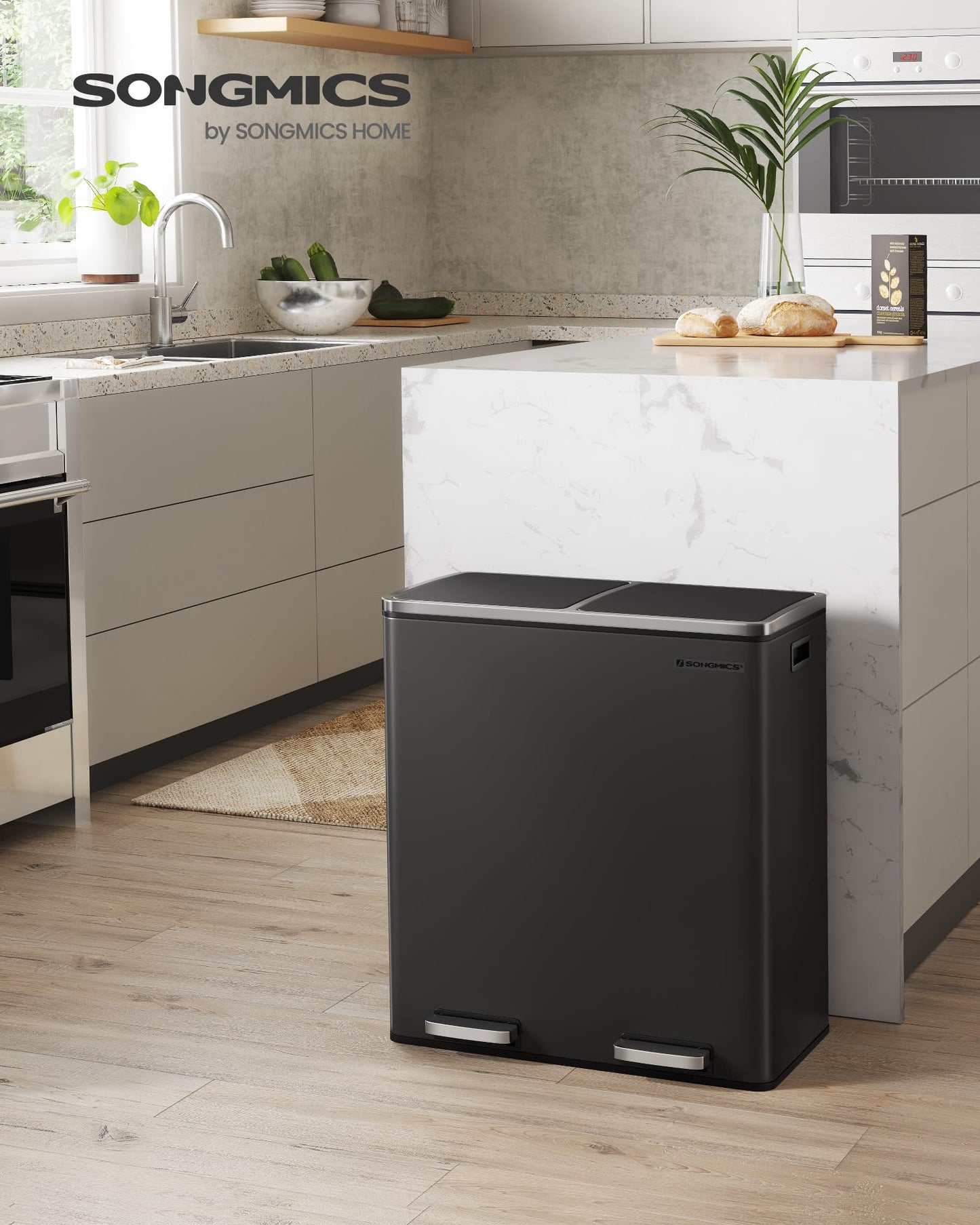 SONGMICS Trash Can, 2 x 8 Gallon (2 x 30 L) Garbage Can for Kitchen, with 15 Trash Bags, 2 Compartments, Plastic Inner Buckets and Hinged Lids, Airtight, Black ULTB60BK