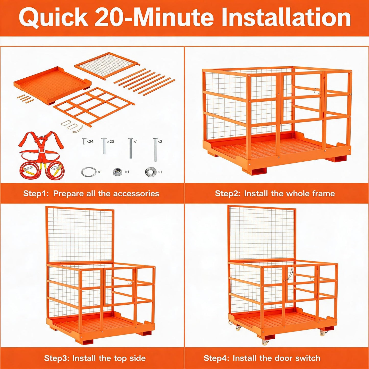 43"x45" Forklift Safety Cage with Wheels, Heavy Duty 1800 LB Capacity Forklift Man Basket with Safety Harness & Lock, Forklift Work Platform Lift Basket for Lifting Loader
