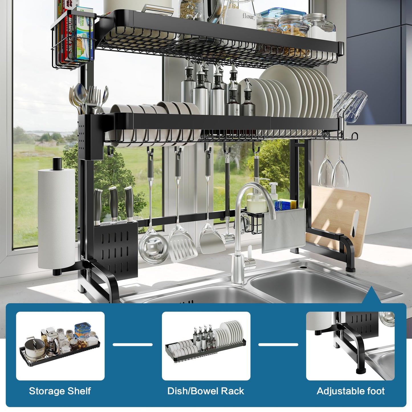 LIVOD Over The Sink Dish Drying Rack,3 Tier Adjustable Length Full Stainless Steel Large Storage Kitchen Dish Rack,for Kitchen Counter Expandable Multifunctional Organizers,Silver(25.5'' to 37.4'')