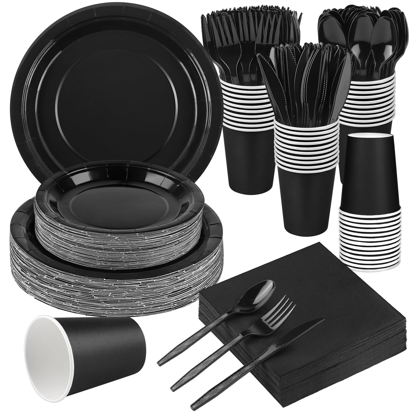 Kochorie 350 Pieces Black Dinnerware Set, 7 & 9 inch Dessert Paper Plates Cups Napkins Plastic Cutlery Disposable Party Supplies for Birthday Baby Shower Wedding, Serve 50 Guests