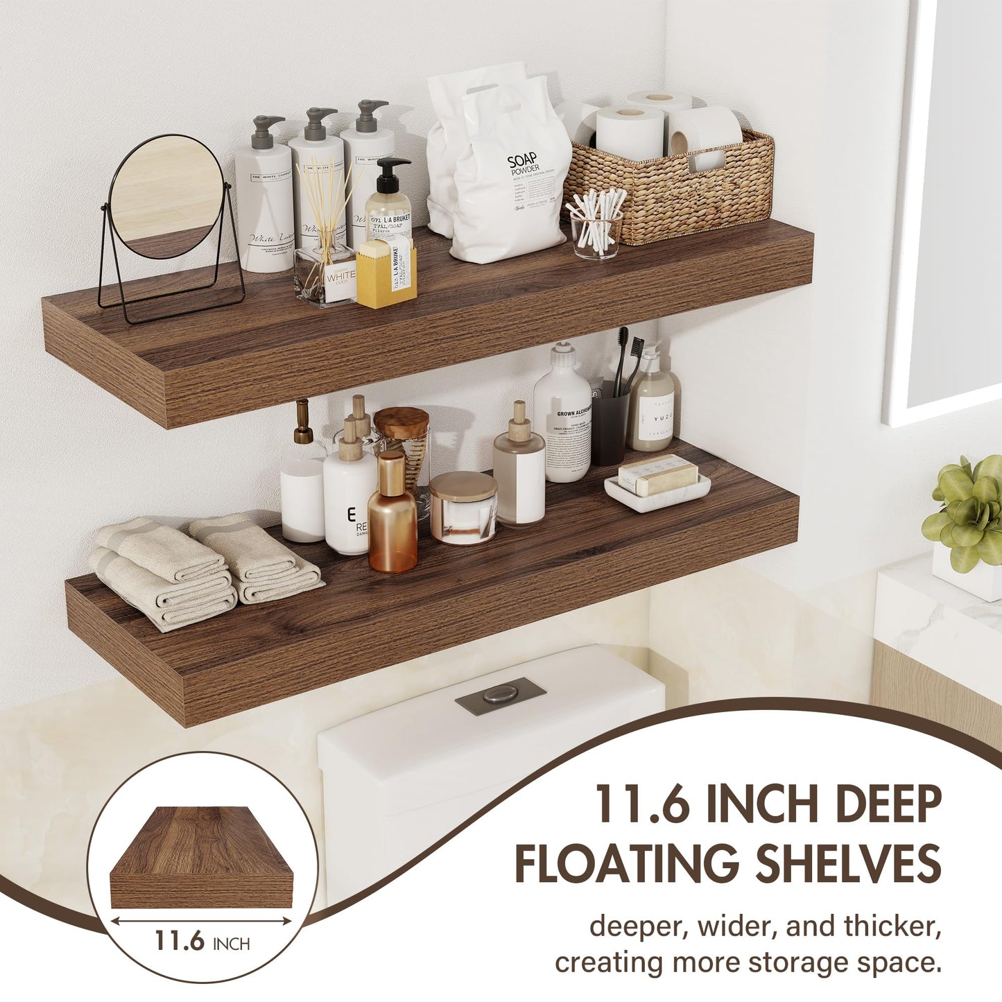 Acovy 30 Inch Floating Shelves, 12" Deep Floating Shelf Wall Mounted, 30" Wall Shelves, Rustic Deep Bookshelf, Extra Deeper & Thicker Display Shelves for Bedroom, Living Room, Walnut, Set of 2