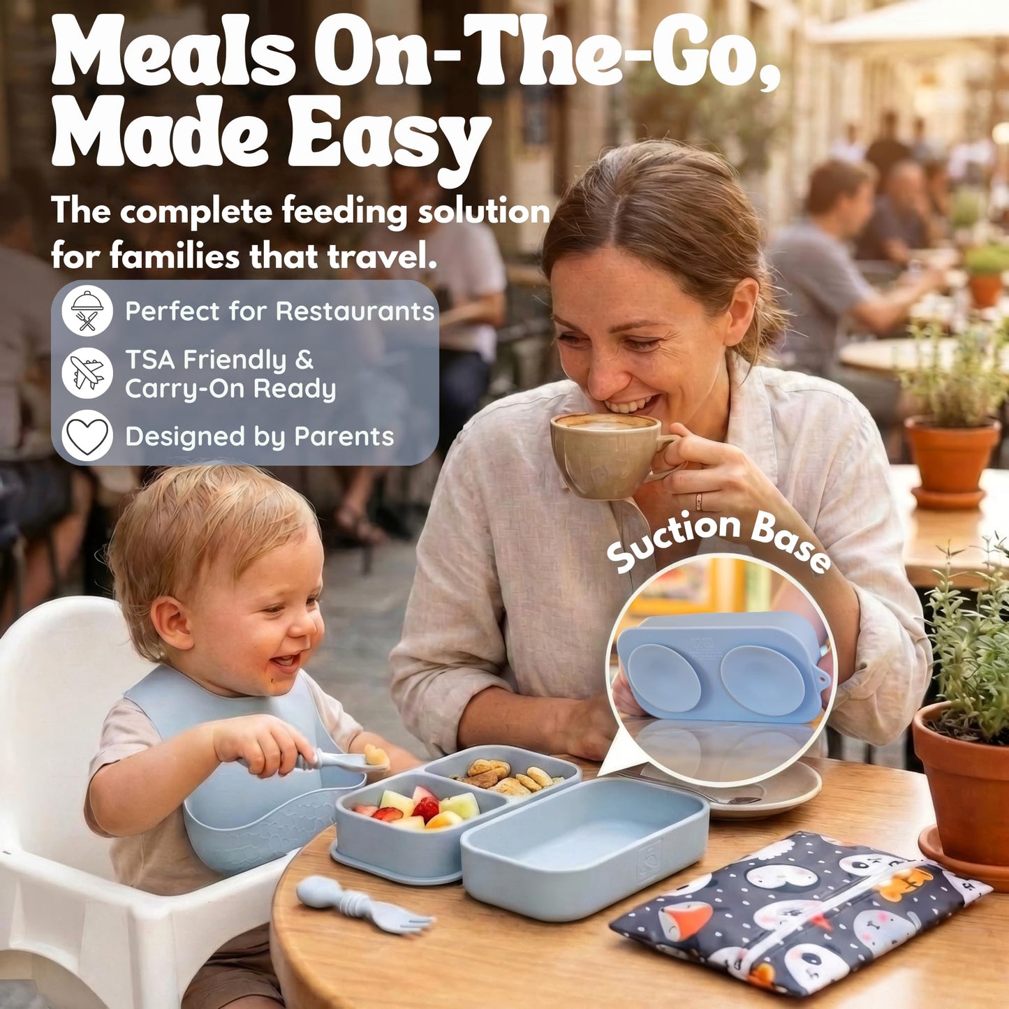 Baby Travel Essentials 6 Pc Silicone Feeding Set - Portable Toddler Plates with Suction, Baby Spoons & Foldable Bib in Carrying Case - BPA-Free Infant & Toddler Utensils for Airplanes & Eating Out