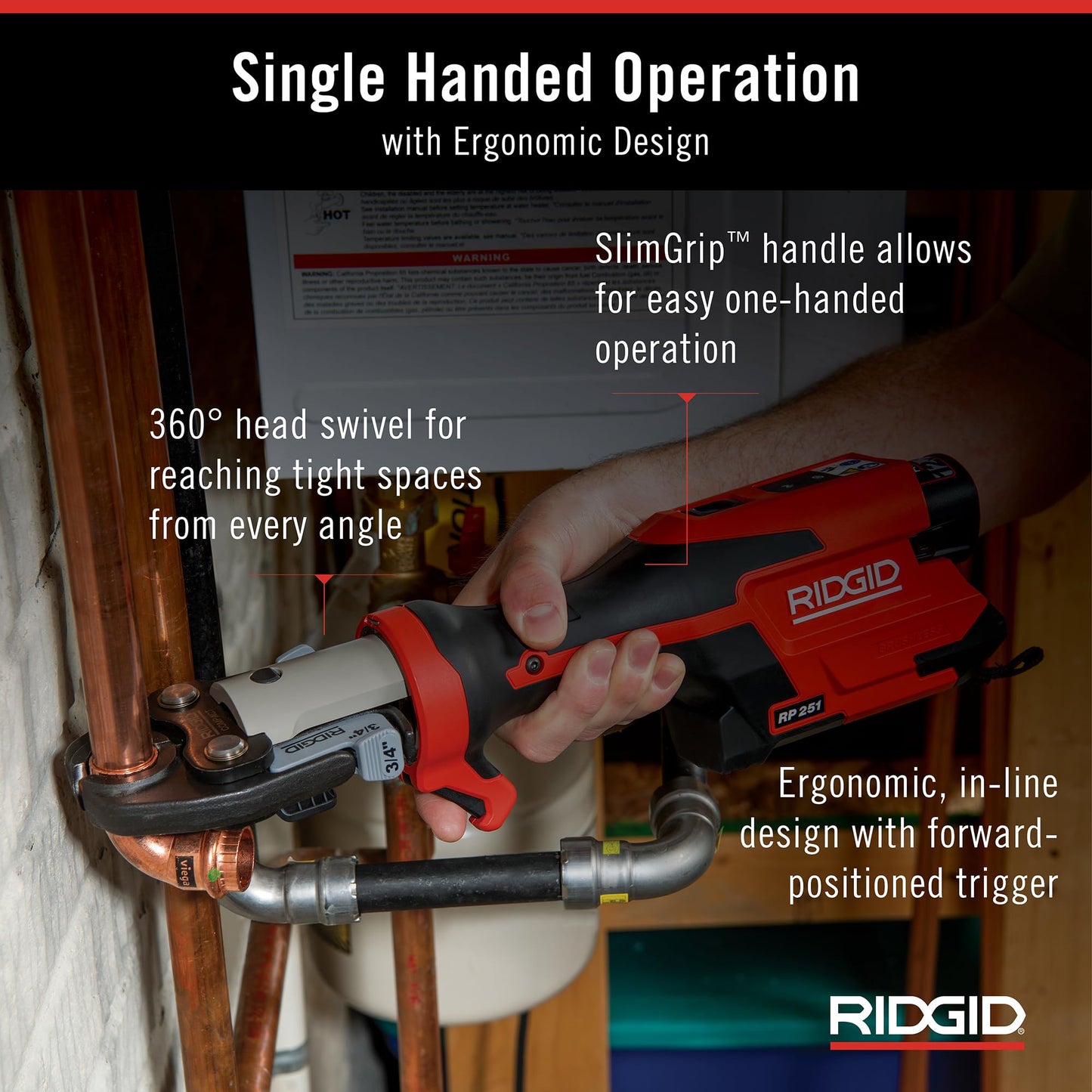 RIDGID 78198 RP 251 Compact Press Tool Battery Kit with ProPress Rings (1/2" to 1-1/4") and C1 Actuator, In-Line Pressing Tool for Copper, Stainless Steel, PEX, and Carbon Steel