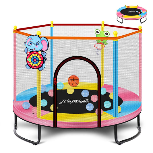 LASTJUMPER 60''/5ft Pink Toddler Trampoline Indoor，Small Trampoline for Kids with Safety Enclosure, Basketball Hoop & Ocean Balls, Birthday for Toddlers 1-3