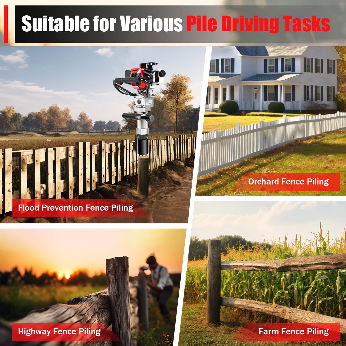 Gas T Post Driver, Pile Driver Post Driver Gas Powered 2 Stroke 32.6cc Gas Powered Petrol Push Pile Kit Gas Post Driver T-Post Driver Single Cylinder Air-Cooling Engine Farm Fence Necessary