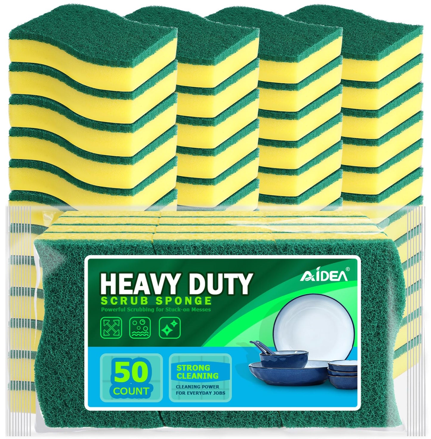 AIDEA Sponges Kitchen, 50 Pack Heavy Duty Dish Sponge, Cleaning Dish Scrubber Sponge for Home and Kitchen, Stink-Free Cleaning Supplies for Pots, Pans