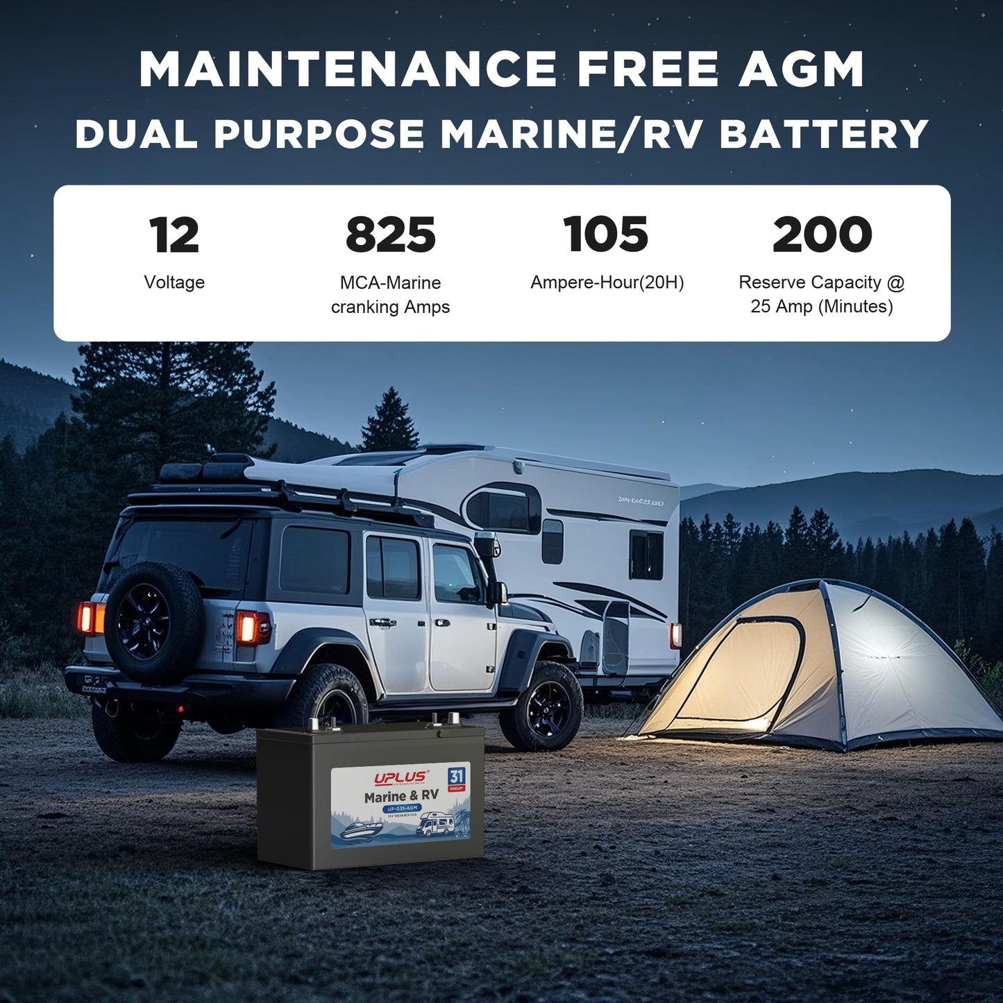 UPLUS BCI Group 31M Dual Purpose Marine Battery, 12V 105Ah 825CCA AGM Starting and Deep Cycle RV & Boat's Batteries for Navigation Devices, Lights and Engines etc.