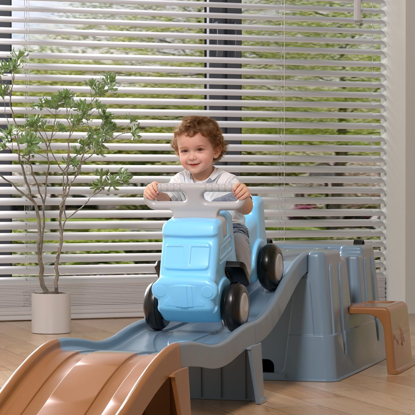HAPPYMATY Up & Down Roller Coaster，Kids Ride On Toy，Toddler Push Car with Assembled Race Track & Storage Base Box, Indoor Outdoor Playset