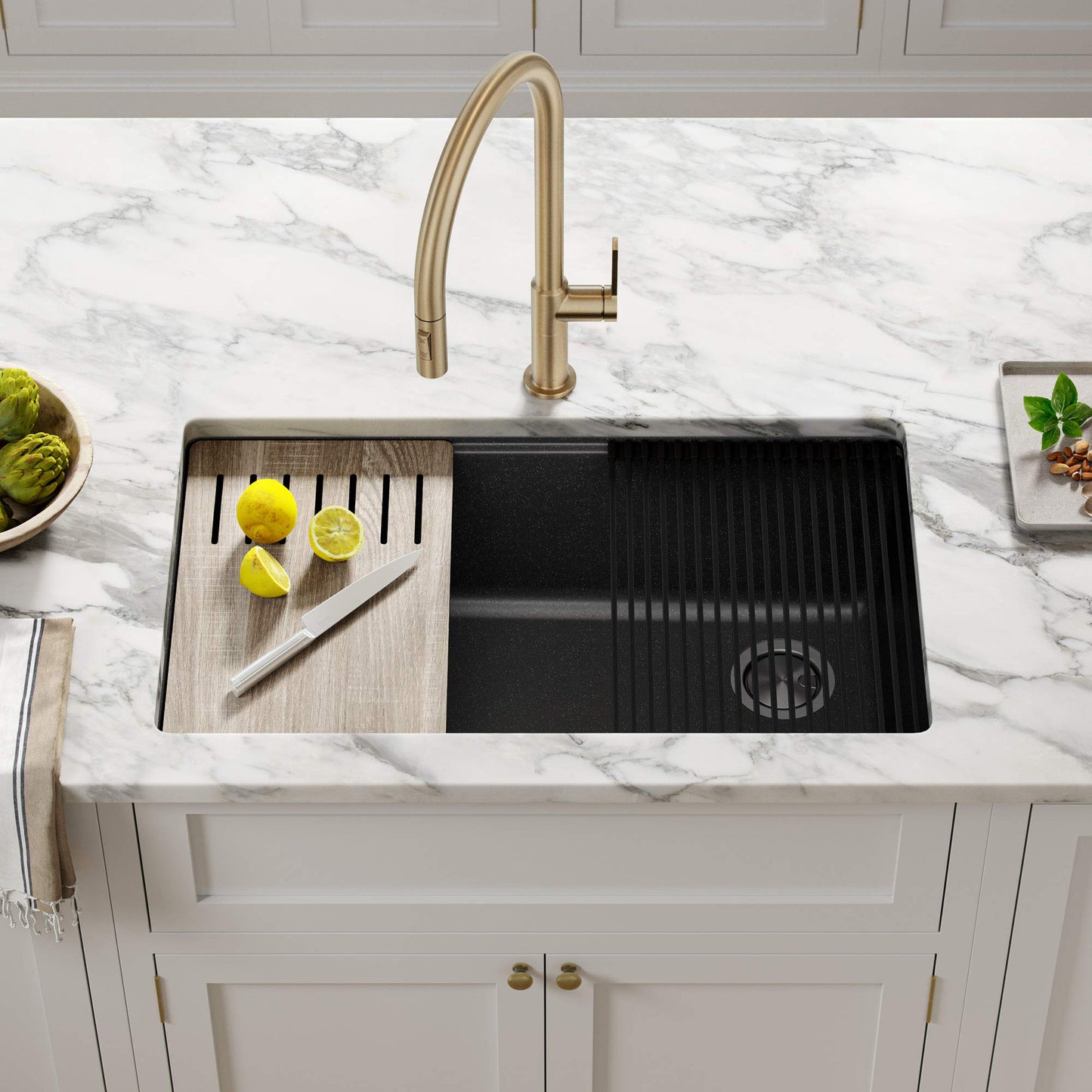KRAUS Bellucci 32” in. Undermount Workstation Granite Kitchen Sink in Metallic Black with Accessories, KGUW2-33MBL