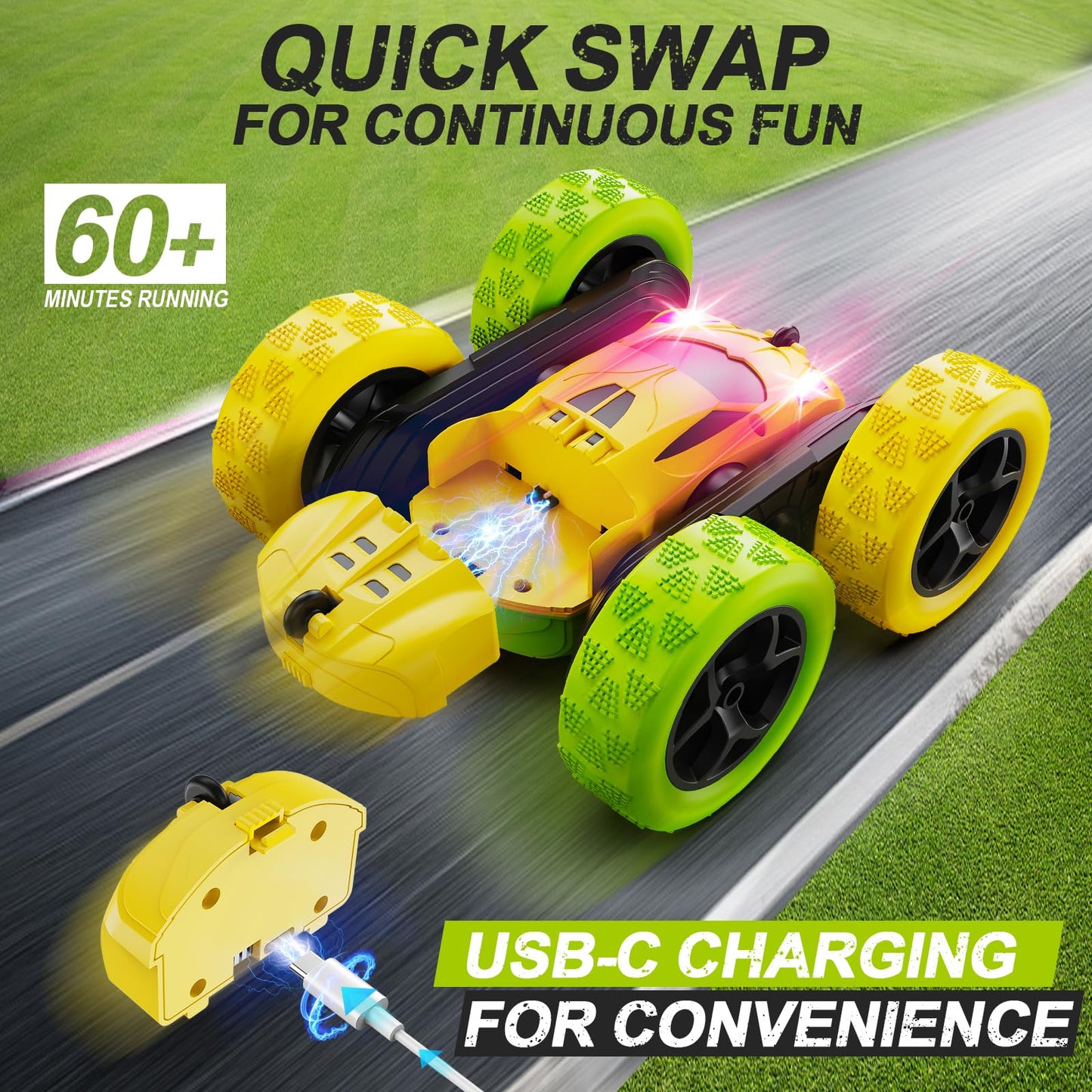 QUNREDA Remote Control Car, RC Car Toys for 6-12 Year Old Boys, Off Road RC Stunt Car 4WD 360° Rotating Remote Control Car for Kids, Boys Girls Gifts for Birthday, Christmas Yellow&Green