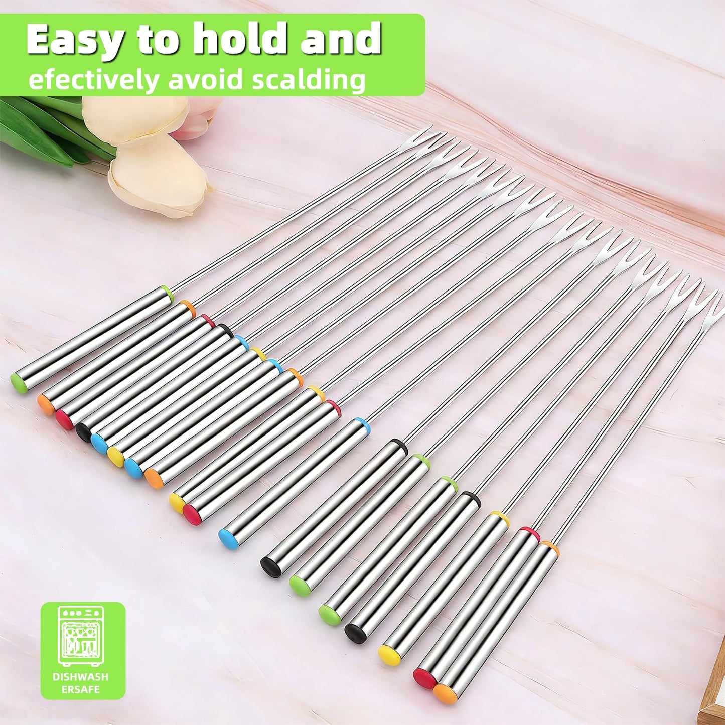 Cptoion 18 Pack Stainless Steel Fondue Forks with Heat-Resistant Handles, 9.3" Long, 6 Colors for Cheese, Chocolate, BBQ, Marshmallows, and Meat Roasting