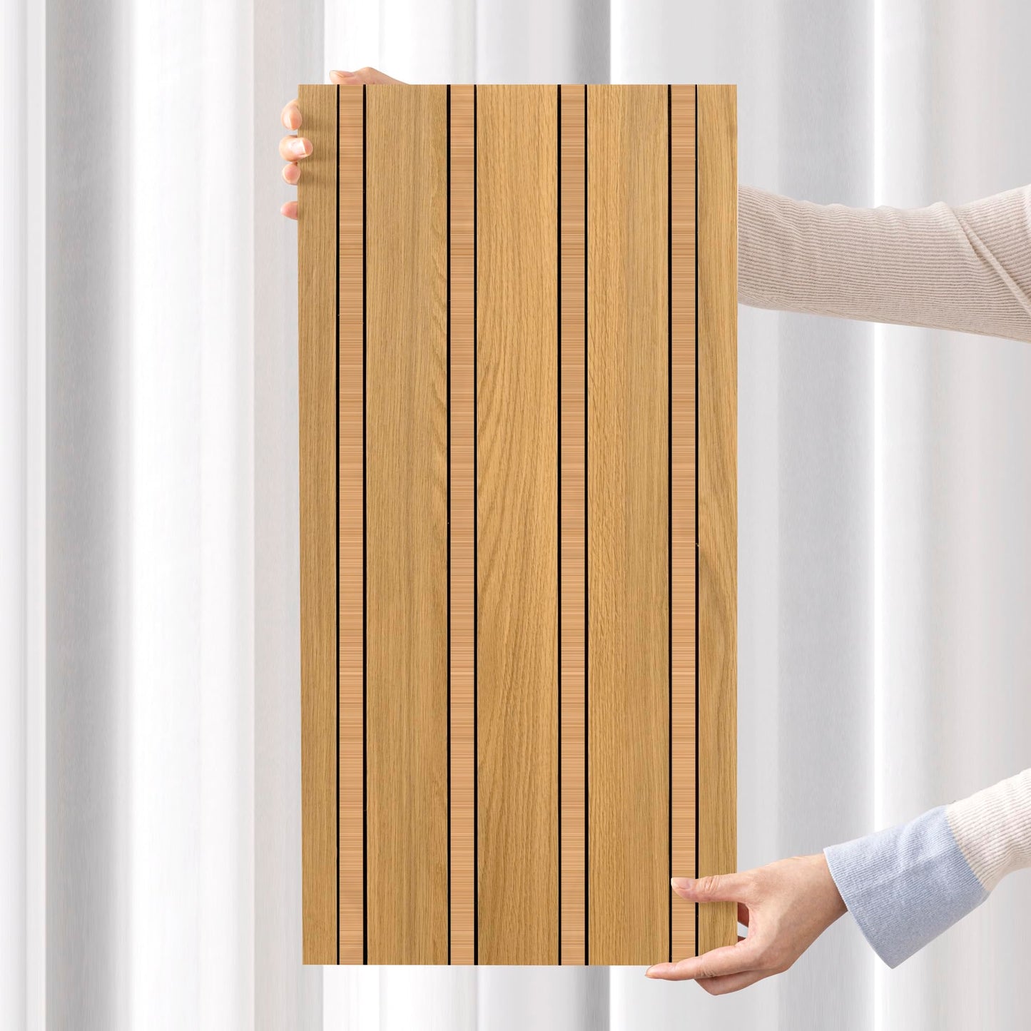 Haimin 3D Wall Panels Wood Grain Slat, 10Pcs 23.6"x11.6" Peel and Stick Self-Adhesive Textured Paneling, Easy DIY Light Luxury Decor for Bedroom Living Room Home (Light Oak with Gold)