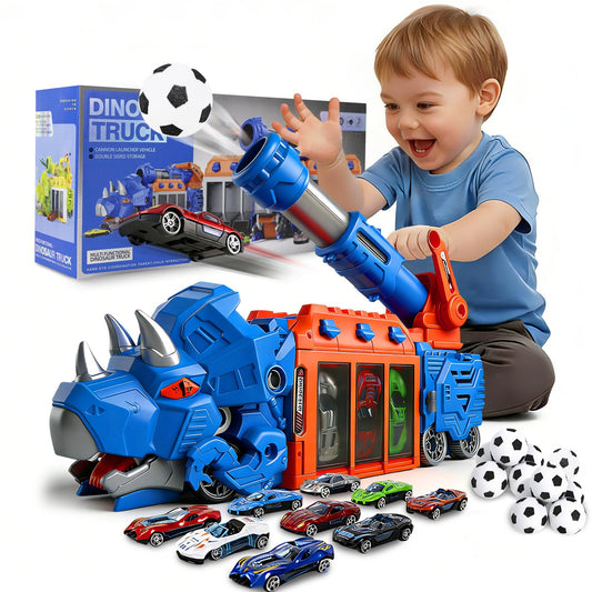 Dinosaur Truck Toys for Kids 3-12, Triceratops Car Playset with Ejection Shooting Game, Foldable Dino Truck Car Toy with 10 Mini Car, 12 EVA Soccer Ball, Storage Bay, Birthday Gift for Boys Girls