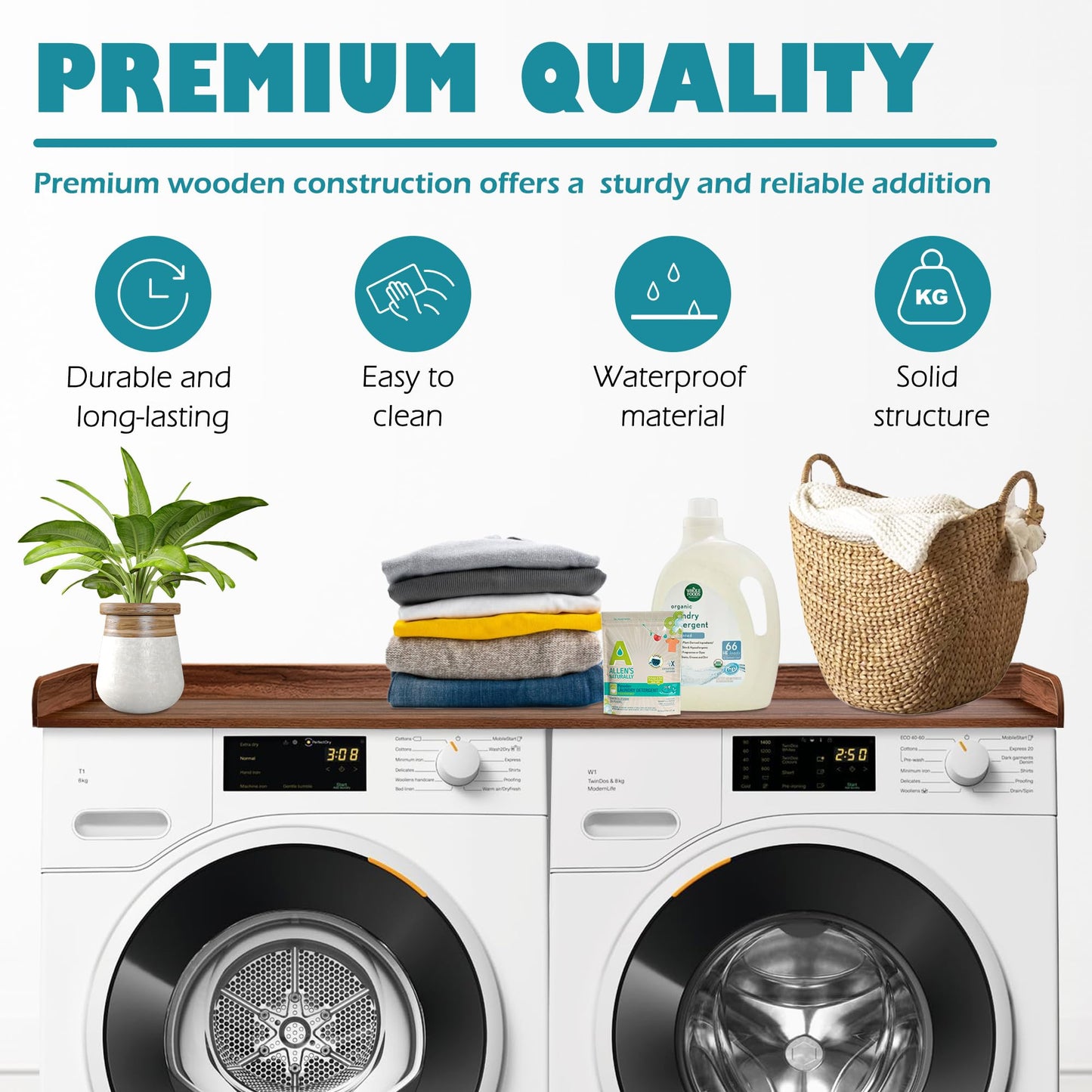 ROYXEN Washer Dryer Countertop, Laundry Countertop Solid Wood, Countertop for All Front-Loaded Washing Machine and Dryer, Extra Room for Laundry Room, Walnut Color