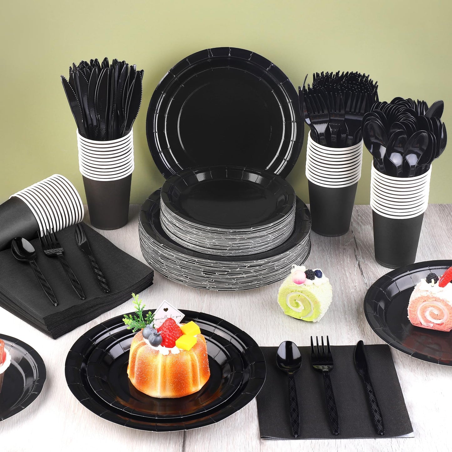 Kochorie 350 Pieces Black Dinnerware Set, 7 & 9 inch Dessert Paper Plates Cups Napkins Plastic Cutlery Disposable Party Supplies for Birthday Baby Shower Wedding, Serve 50 Guests