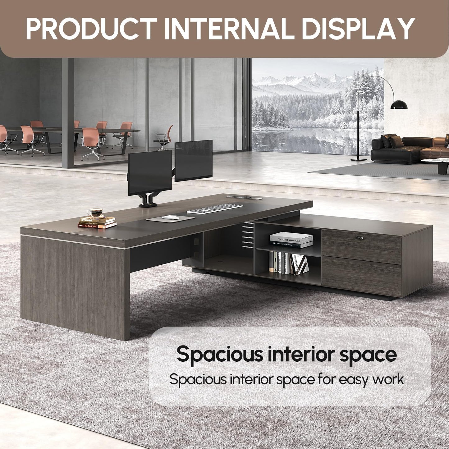 ZIMASYA Reversible L-Shaped Executive Desk with Drawers, Storage Cabinet, Built-in Power Hub & Privacy Panel, Obsidian Grey & Mocha Walnut (79" L * 65" W * 30" H)