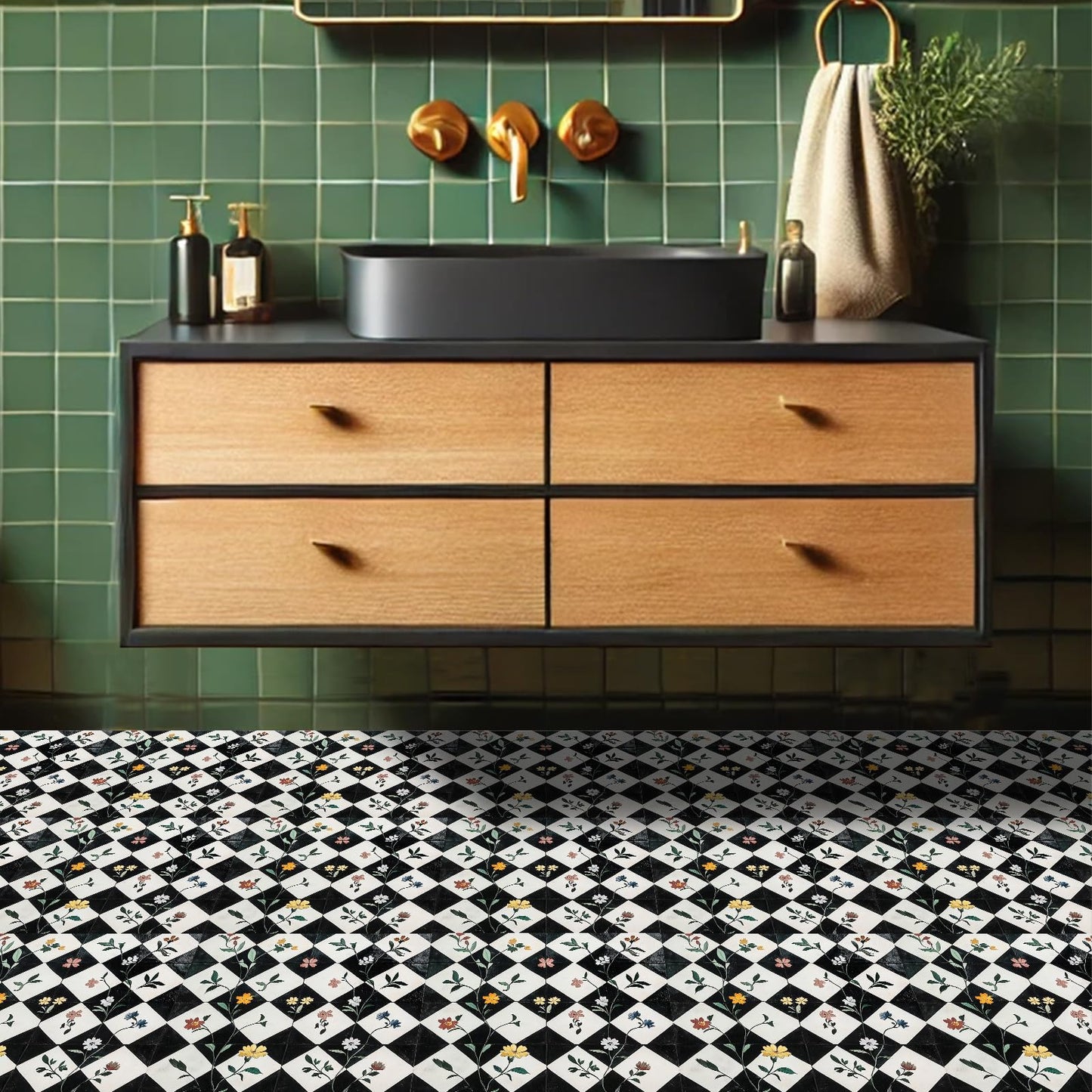 HOMETITUTE 10PCS 12x12 Inch Floral Checkerboard Peel and Stick Floor Tiles Removable Self Adhesive Vinyl Flooring Stickers for Kitchen Entryway Studio Home Decor