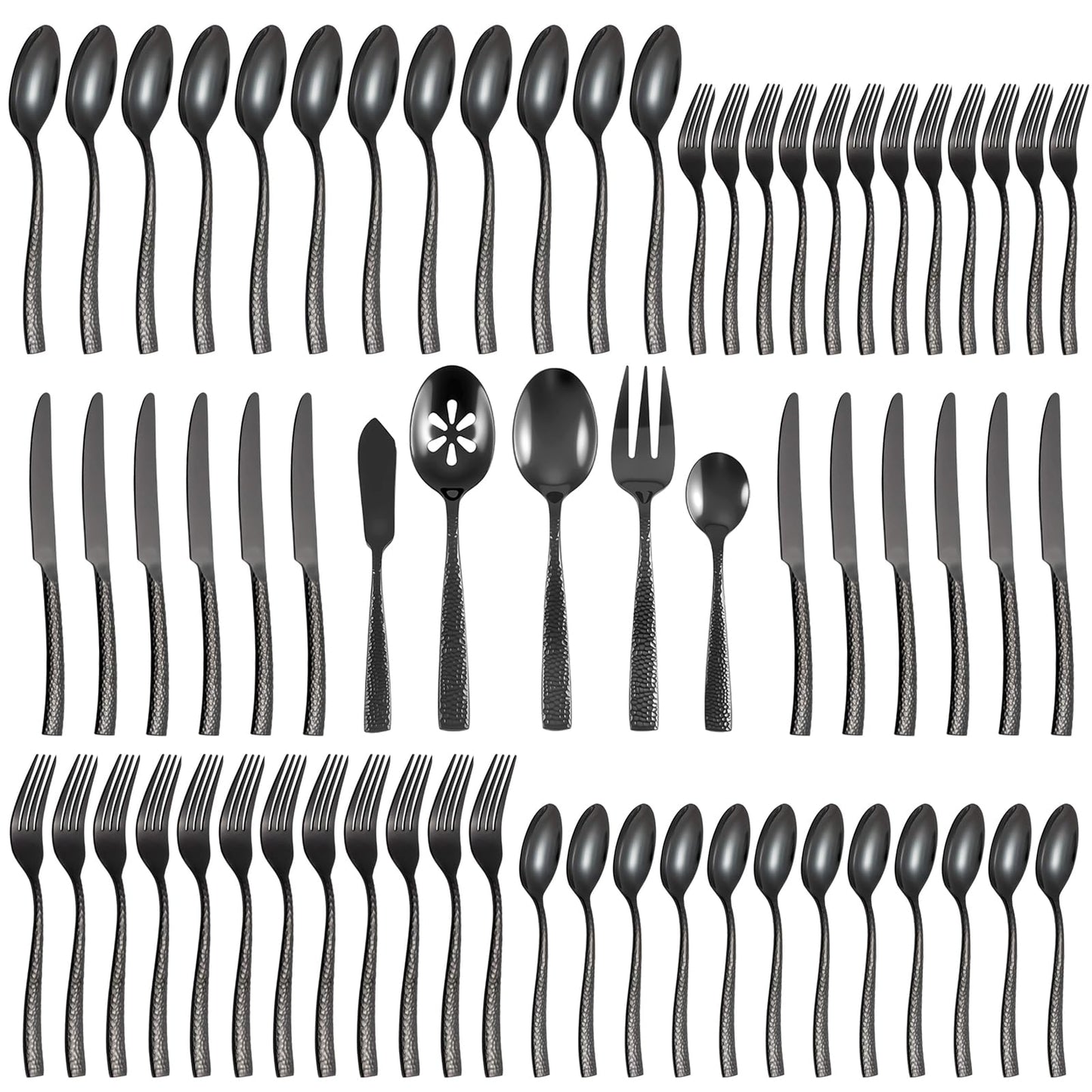 Kelenfer Silverware 65-Piece Black Hammered Flatware Set with Serving Utensils Stainless Steel Thick Handle Mirror Polished Cutlery Set for Wedding Hotel Restaurant, Service for 12