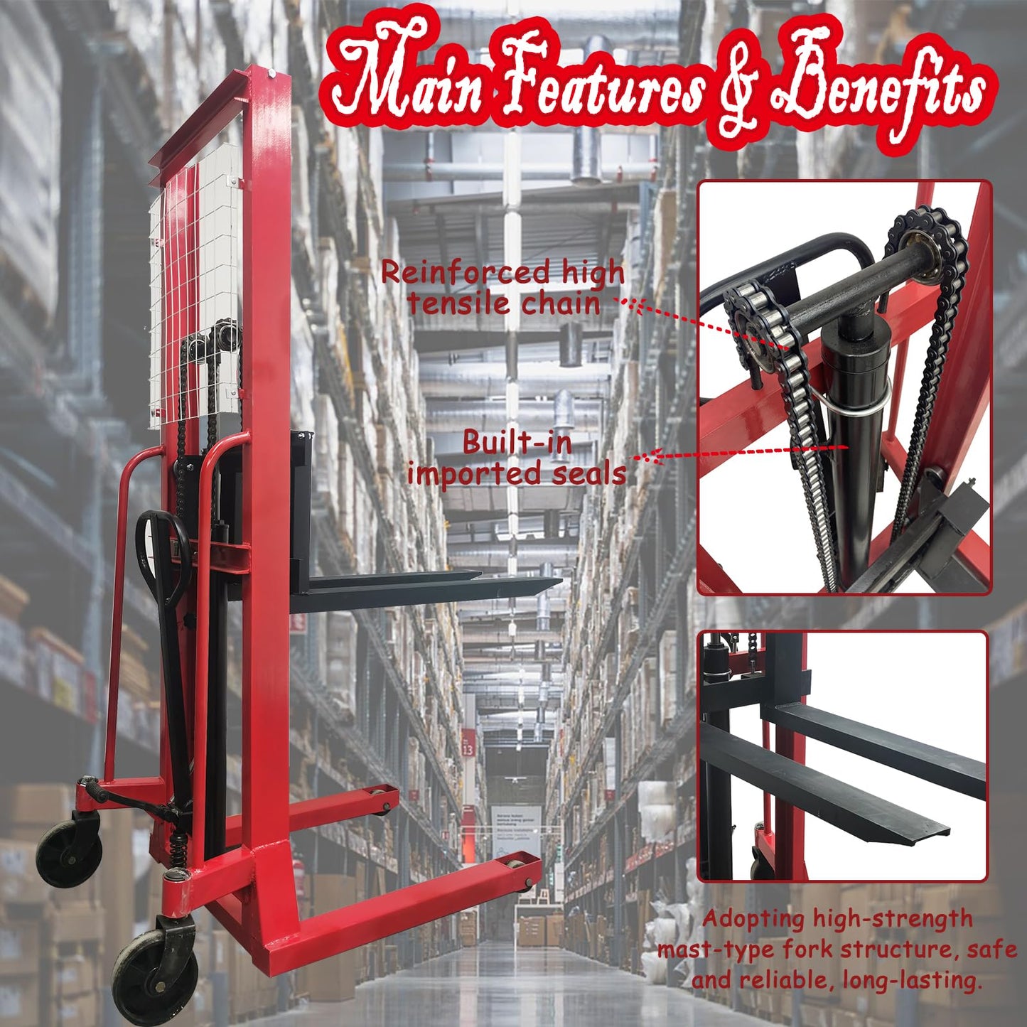 Banfluxion Manual Hydraulic Pallet Stacker Truck 4410 lbs Load Capacity 63" Lift Height Professional Mannual Forklift Forklift Pallet Truck Dolly for Open-Bottom Block Pallets