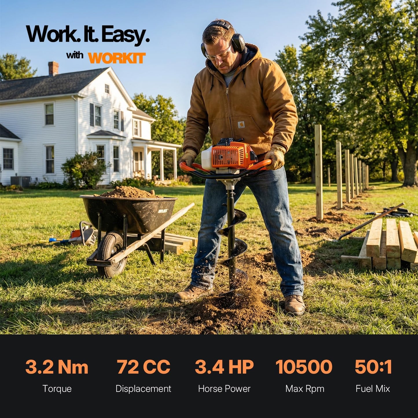 WORKIT 72CC Post Hole Digger, Auger Post Hole Digger Easy Start, 2-Cycle Xtreme Engine, Gas Powered Earth Auger with 6"+8" Auger Drill Bit, 20"+30" Extension Rods, EPA Certification