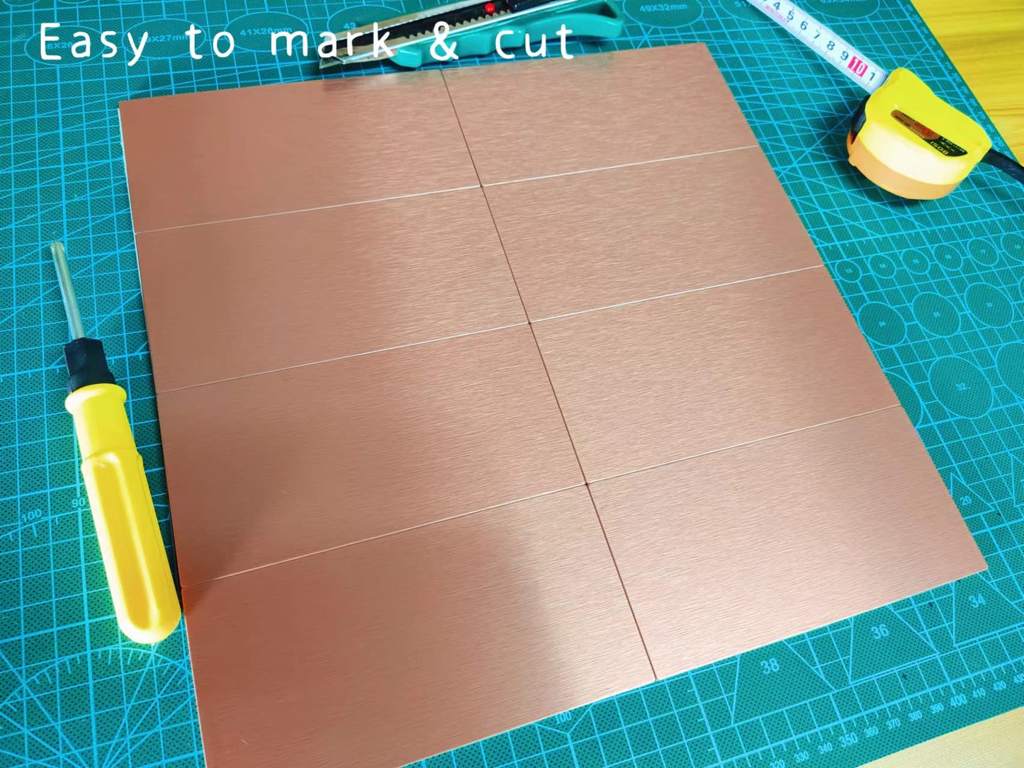 Crystiles Aluminum Peel and Stick Backsplash Tile Panels - 3"x6" Brushed Copper Kitchen Wall Decor, 40-Pack (Copper Color)