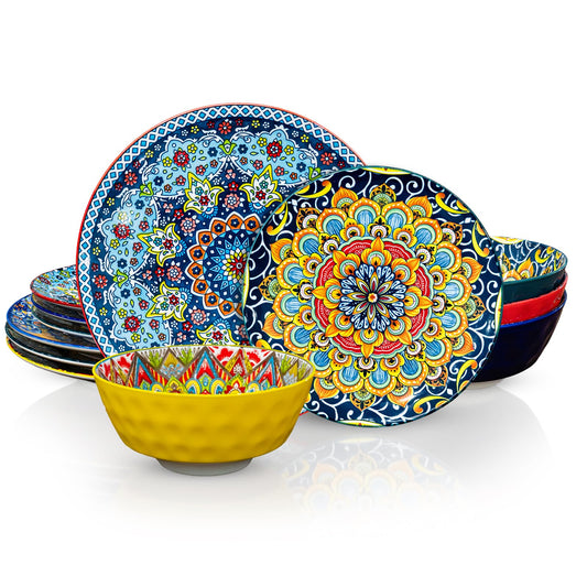 Romatlink 12 Pieces Dinnerware Sets, Ceramic Plates and Bowls Set, Microwave and Dishwasher Safe, Scratch Resistant, Bohemian Style Dishware Set, Service for 4